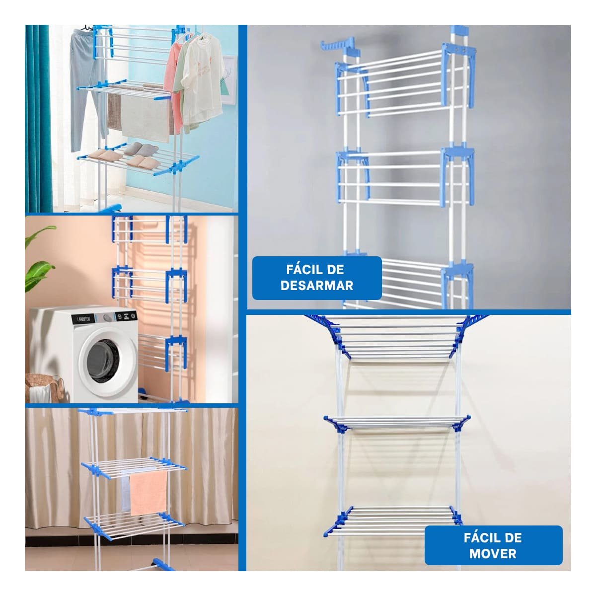 PACK2 SECADOR VERTICAL PLEGABLE DE ROPA CON TRES NIVELES PARA HOGAR EN CELESTE Y+PAPEL REGALO - 3
