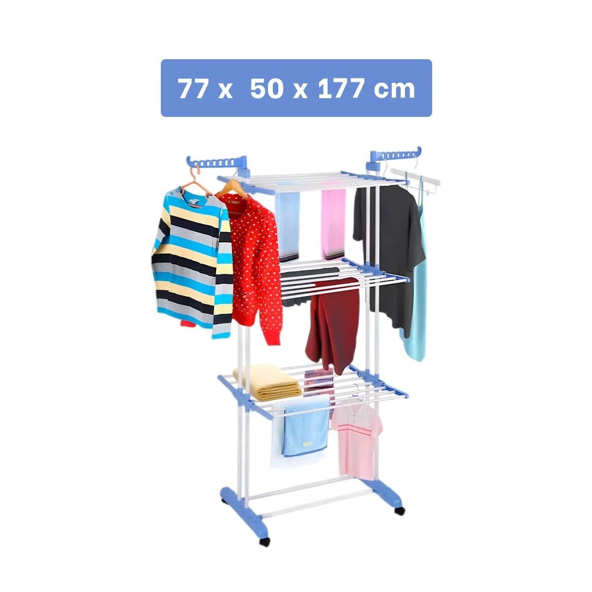 PACK2 SECADOR VERTICAL PLEGABLE DE ROPA CON TRES NIVELES PARA HOGAR EN CELESTE Y+PAPEL REGALO - 4