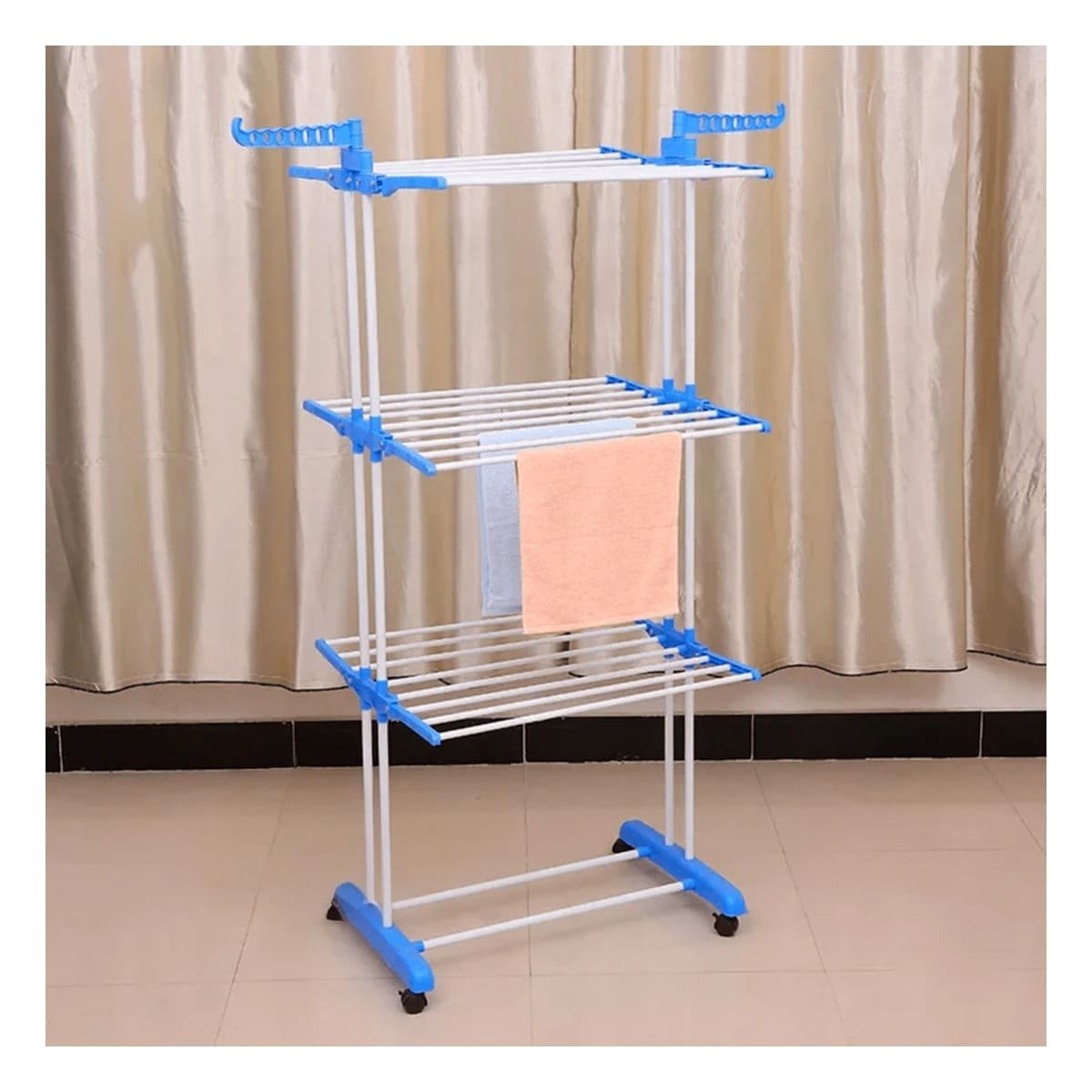 PACK2 SECADOR VERTICAL PLEGABLE DE ROPA CON TRES NIVELES PARA HOGAR EN CELESTE Y+PAPEL REGALO - 5