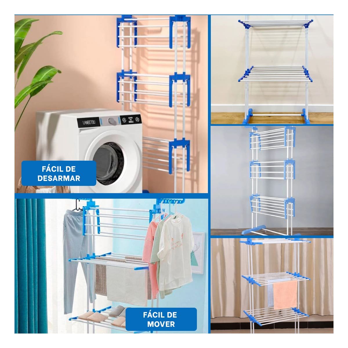 PACK4 SOPORTE PRACTICO PLEGABLE DE ROPA PARA HOGAR EN CELESTE Y+REGALO STICKER - 2