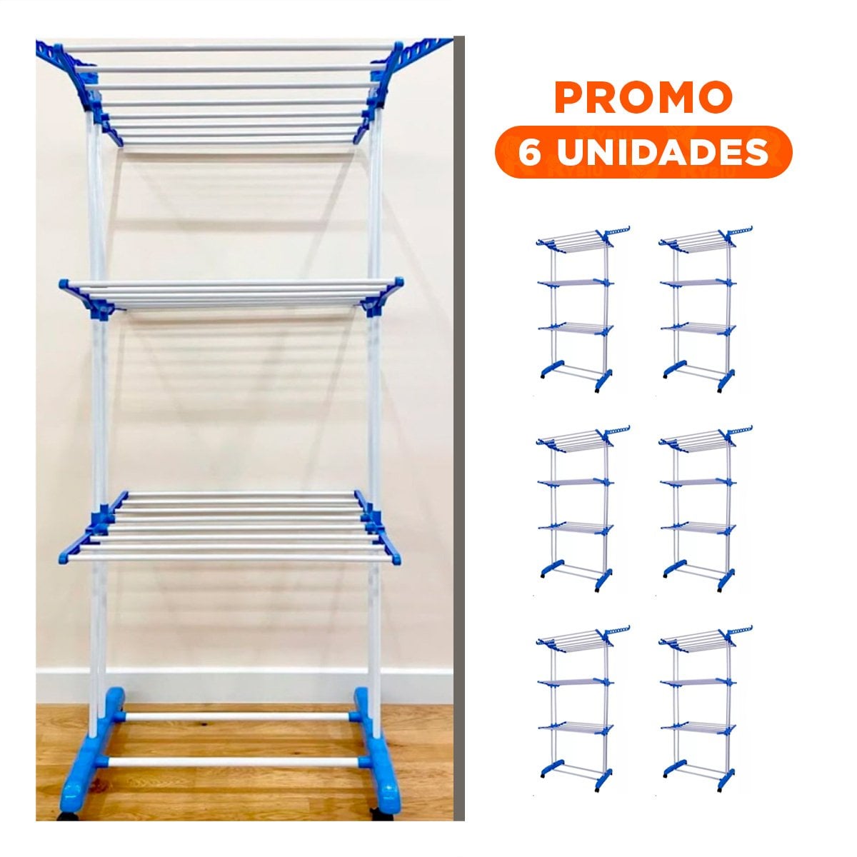PACK6 SOPORTE DE ROPA PARA CASA CON FORMATO PLEGABLE Y TRES NIVELES EN CELESTE Y+REGALO STICKER - 1