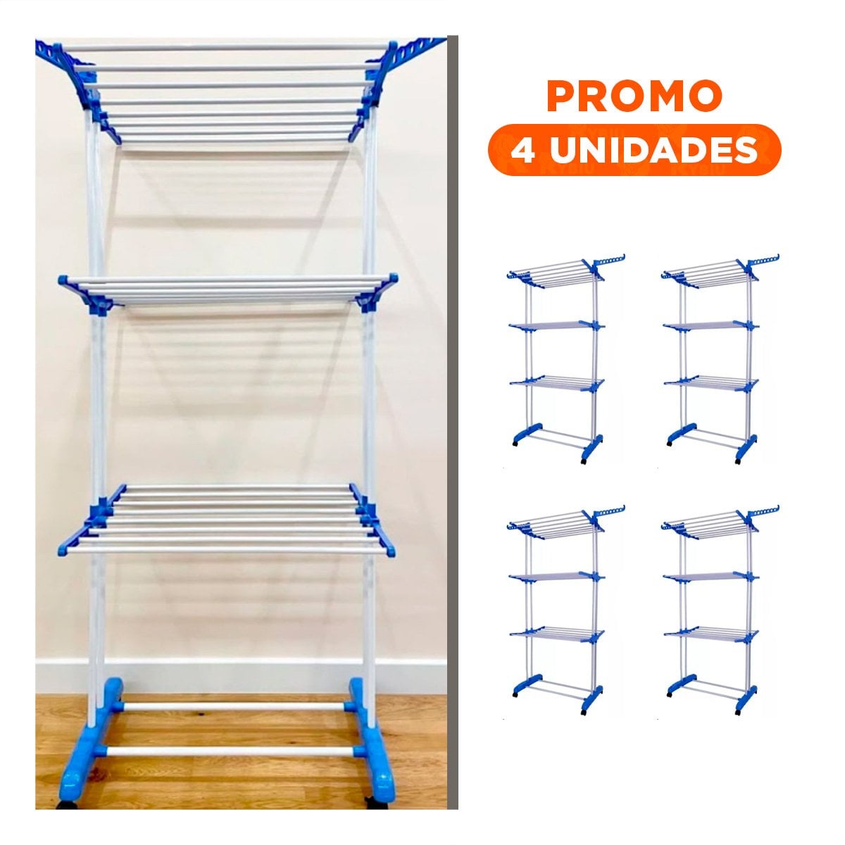 PACK4 SECADOR PRACTICO PLEGABLE DE TRES NIVELES PARA ESPACIOS DEL HOGAR EN CELESTE - 1