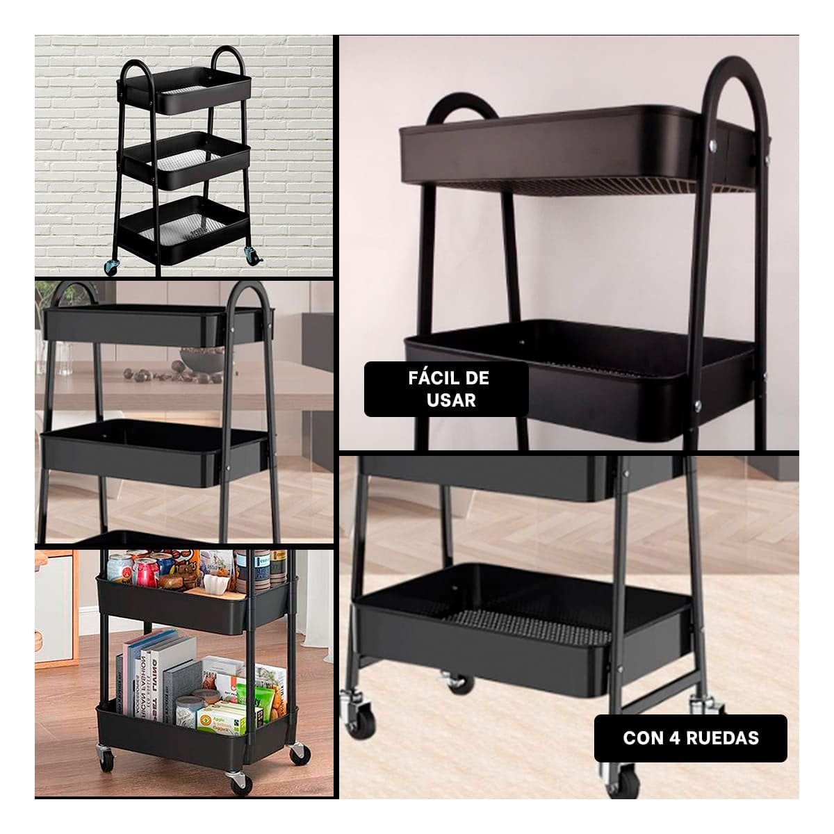 RACK CARRITO 3 NIVELES CON RUEDAS Y ASAS METAL NEGRO PARA COCINA Y SALA Y+POST IT - 2