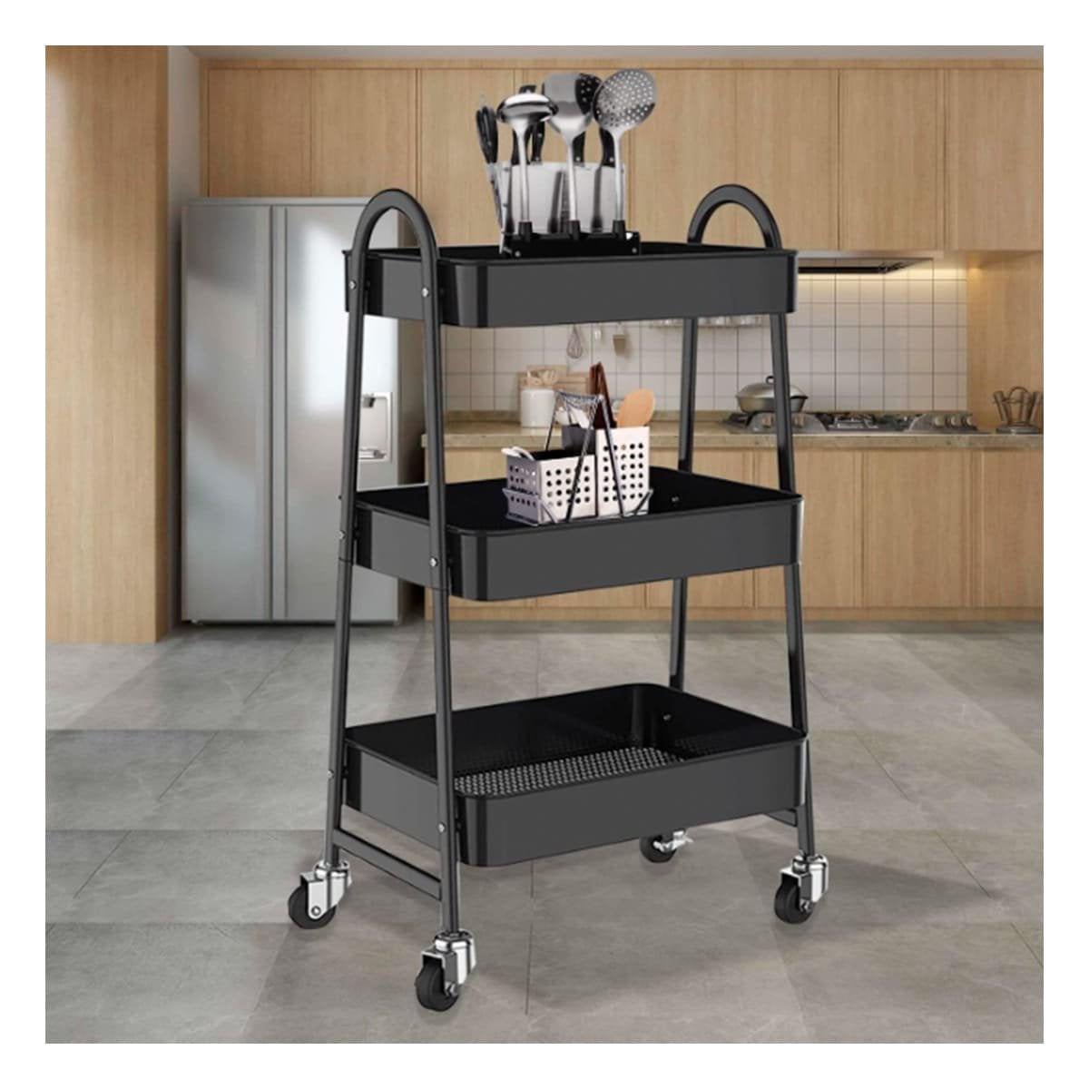 RACK CARRITO 3 NIVELES CON RUEDAS Y ASAS METAL NEGRO PARA COCINA Y SALA Y+POST IT - 3
