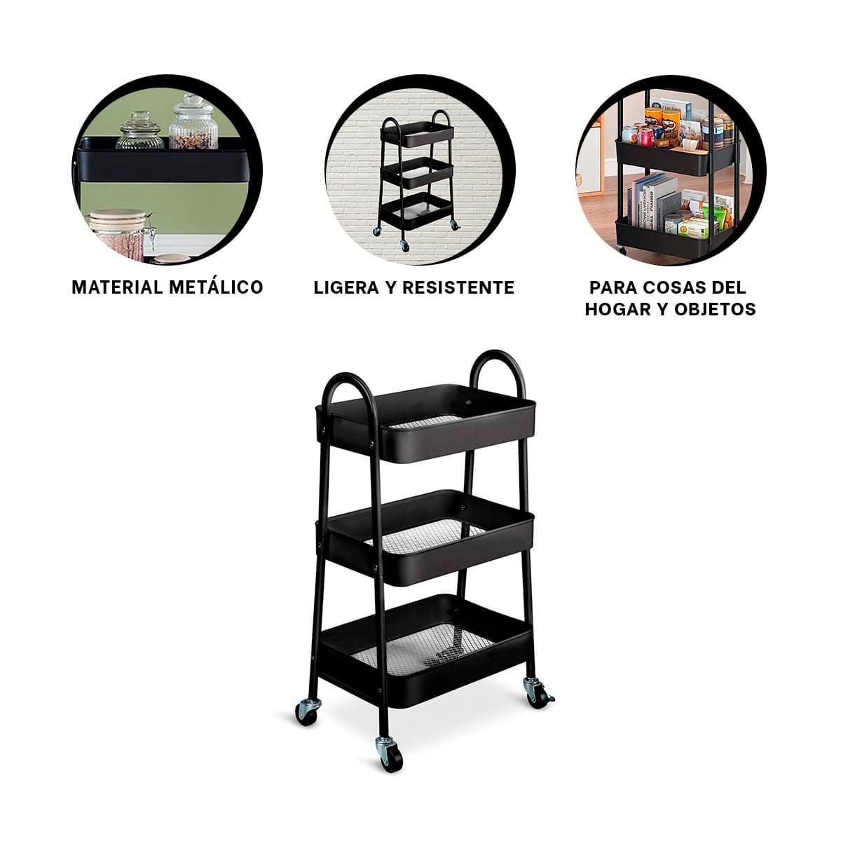 RACK CARRITO 3 NIVELES CON RUEDAS Y ASAS METAL NEGRO PARA COCINA Y SALA Y+POST IT - 4