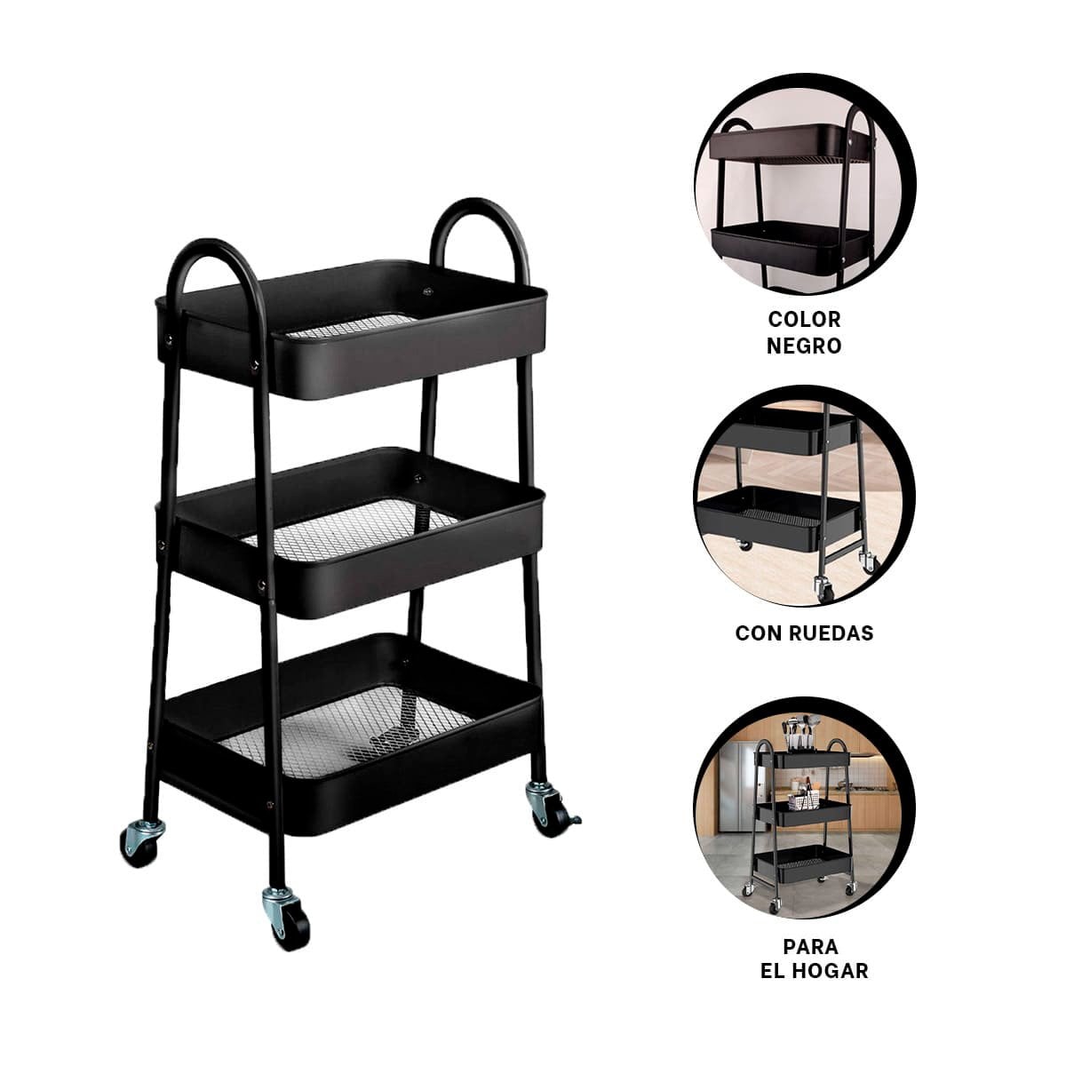 RACK CARRITO 3 NIVELES CON RUEDAS Y ASAS METAL NEGRO PARA COCINA Y SALA Y+POST IT - 5