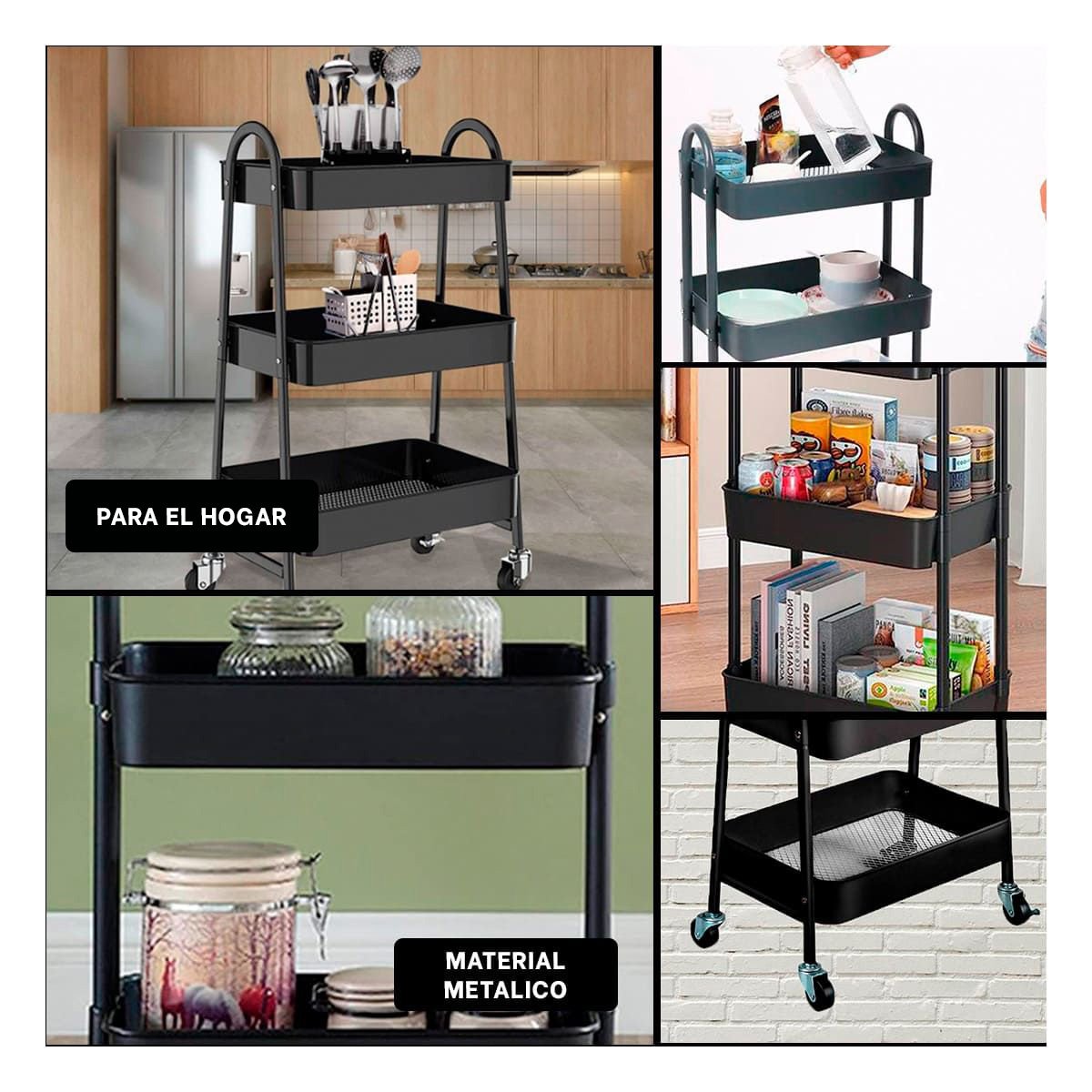 PACK6 REPISA METALICA 3 NIVELES CON RUEDAS Y ASAS NEGRO PARA SALA Y COMEDOR Y+PAPEL REGALO - 3