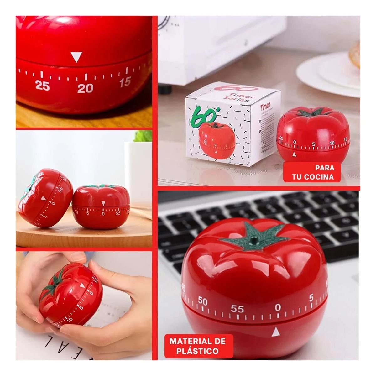 RELOJ DE COCINA TOMATE ROJO PARA MEDIR TIEMPOS DE FORMA FACIL Y PRACTICA Y+PAPEL REGALO - 3