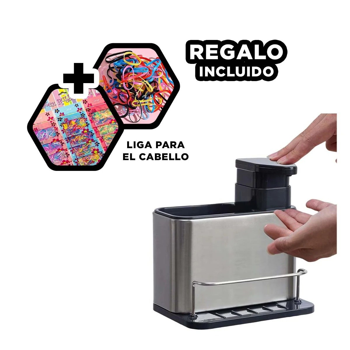 DISPENSADOR DE JABON LIQUIDO 3 EN 1 CON ORGANIZADOR COMPACTO PLATEADO Y+LIGAS REGALO - 2