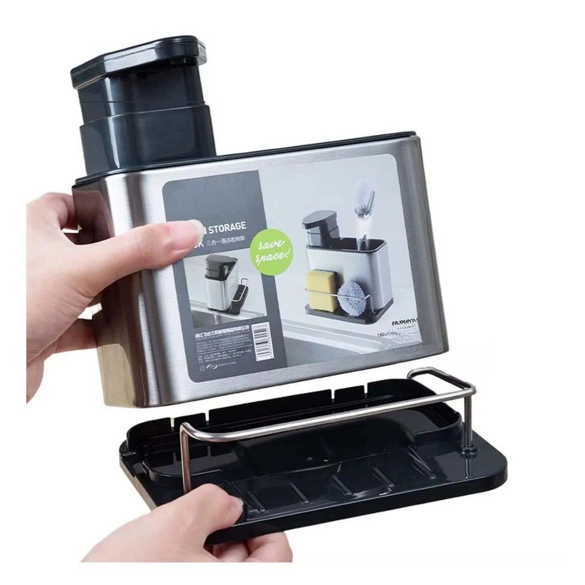 DISPENSADOR DE JABON LIQUIDO 3 EN 1 CON COMPARTIMENTOS Y SOPORTE PLATEADO Y+REGALO STICKER - 1