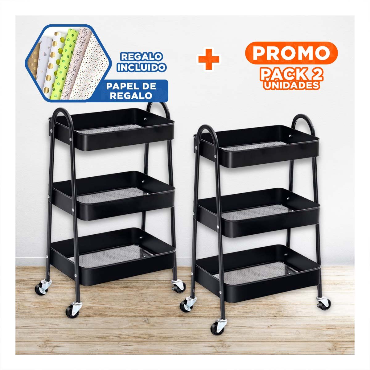 PACK4 MUEBLE 3 NIVELES CON RUEDAS Y ASAS METAL NEGRO PARA ALMACENAMIENTO PRÁCTICO - 1