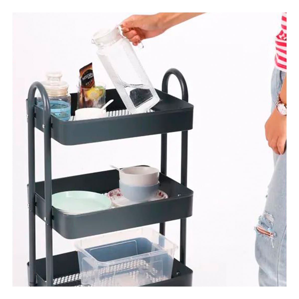 PACK2 ESTANTE 3 NIVELES CON RUEDAS Y ASAS METAL NEGRO PARA SALA Y COCINA MODERNA - 5