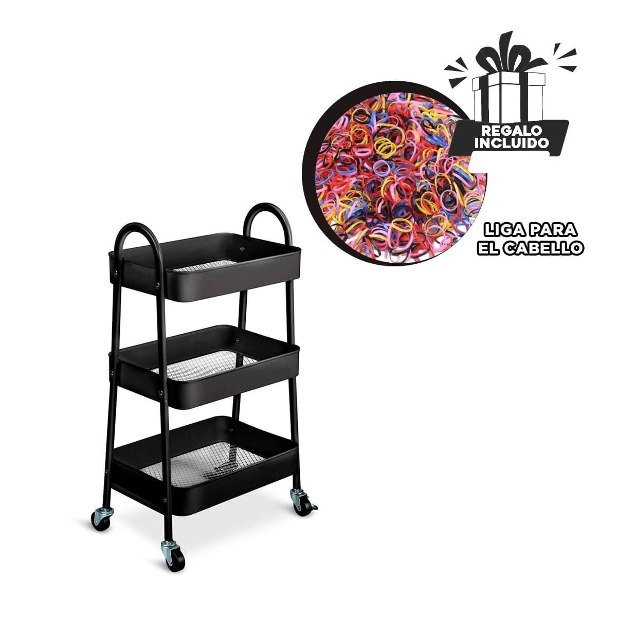 MUEBLE CARRITO 3 NIVELES CON RUEDAS Y ASAS METAL NEGRO PARA ALMACENAMIENTO Y+LIGAS REGALO - 2
