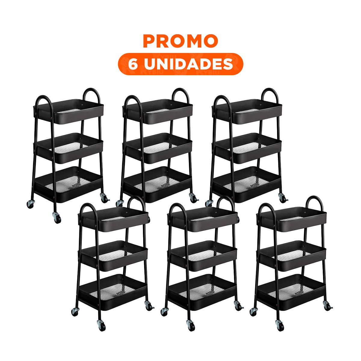 PACK6 MUEBLE METALICO 3 NIVELES CON RUEDAS Y ASAS NEGRO PARA HOGAR Y OFICINA Y+REGALO STICKER - 1