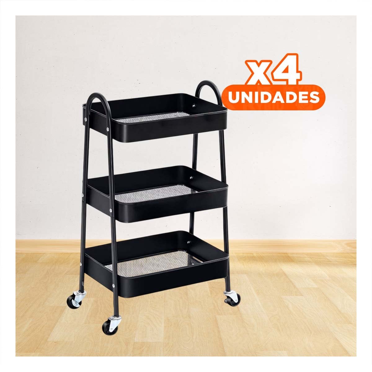 PACK4 ESTANTE METALICO 3 NIVELES CON RUEDAS Y ASAS NEGRO PARA COCINA Y SALA Y+REGALO STICKER - 1