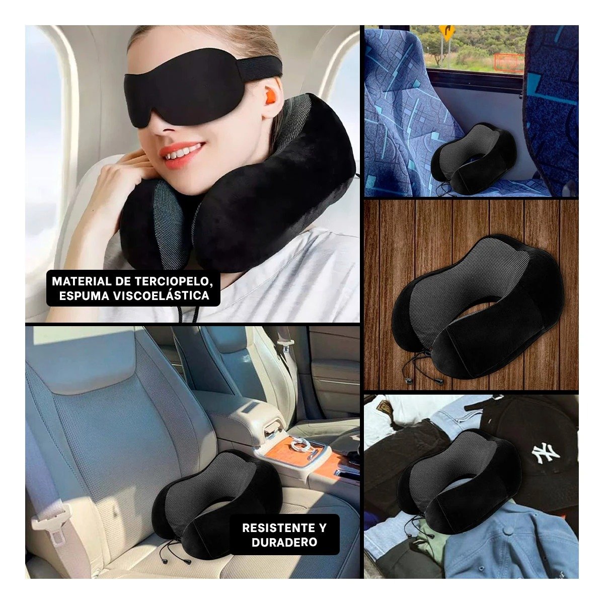 ALMOHADA DE CUELLO PORTATIL DE TERCIOPELO PARA AVION Y BUS DE RUTA NEGRO - 2