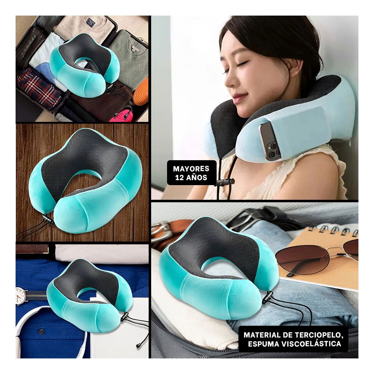 ALMOHADA DE CUELLO DE TERCIOPELO SUAVE PARA VIAJAR CON ESPUMA INTERIOR CELESTE CLARO - 2
