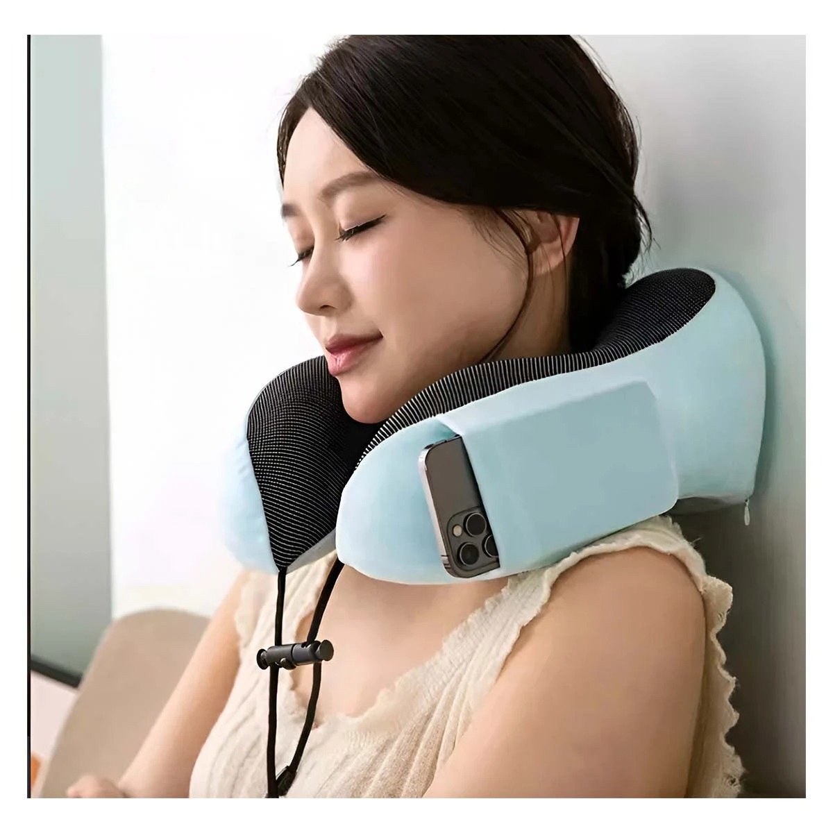 ALMOHADA DE CUELLO DE TERCIOPELO SUAVE PARA VIAJAR CON ESPUMA INTERIOR CELESTE CLARO - 3