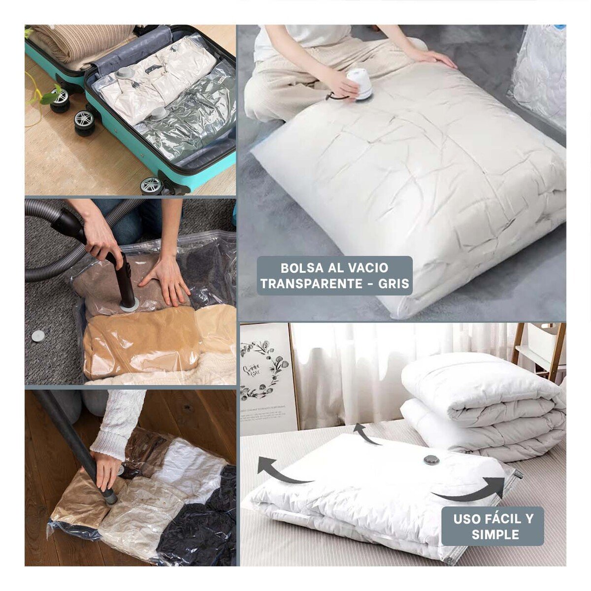 PACK4 COMPRESOR EFICIENTE QUE REDUCE VOLUMEN ROPA TRANSPARENTE EMPAQUE GRIS Y+REGALO STICKER - 2