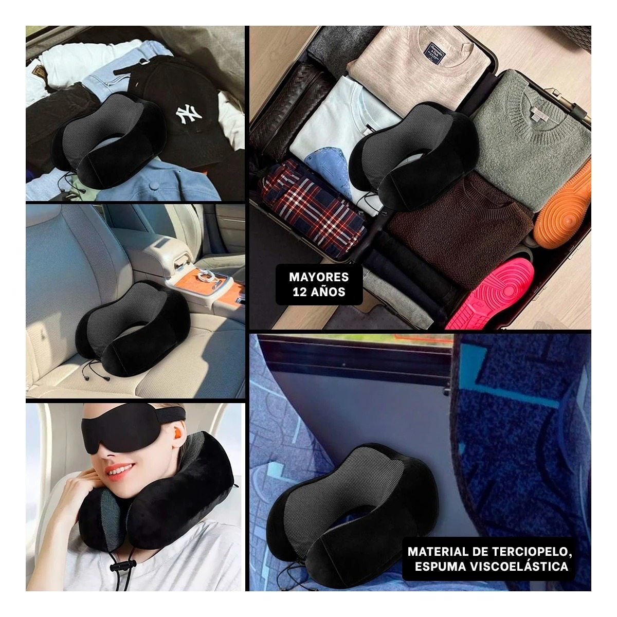 ALMOHADA DE CUELLO ENVOLVENTE CON ESPUMA PARA TRAYECTOS LARGOS NEGRO Y+PAPEL REGALO - 3