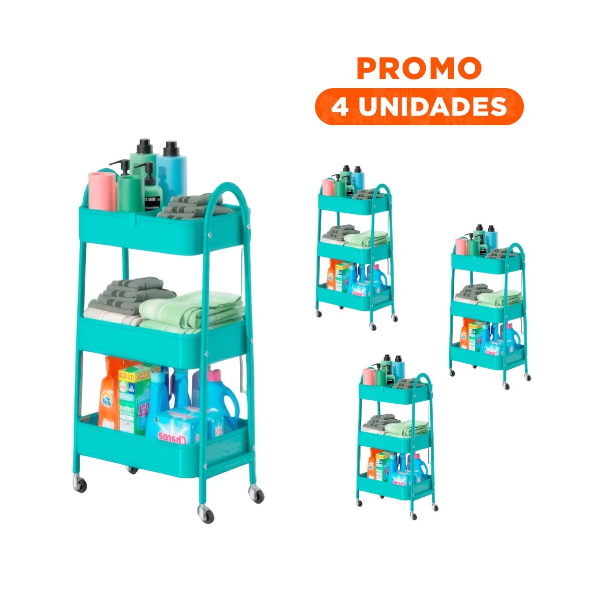 PACK4 MUEBLE DE METAL 3 NIVELES CON RUEDAS Y ASAS CELESTE FUNCIONAL - 1
