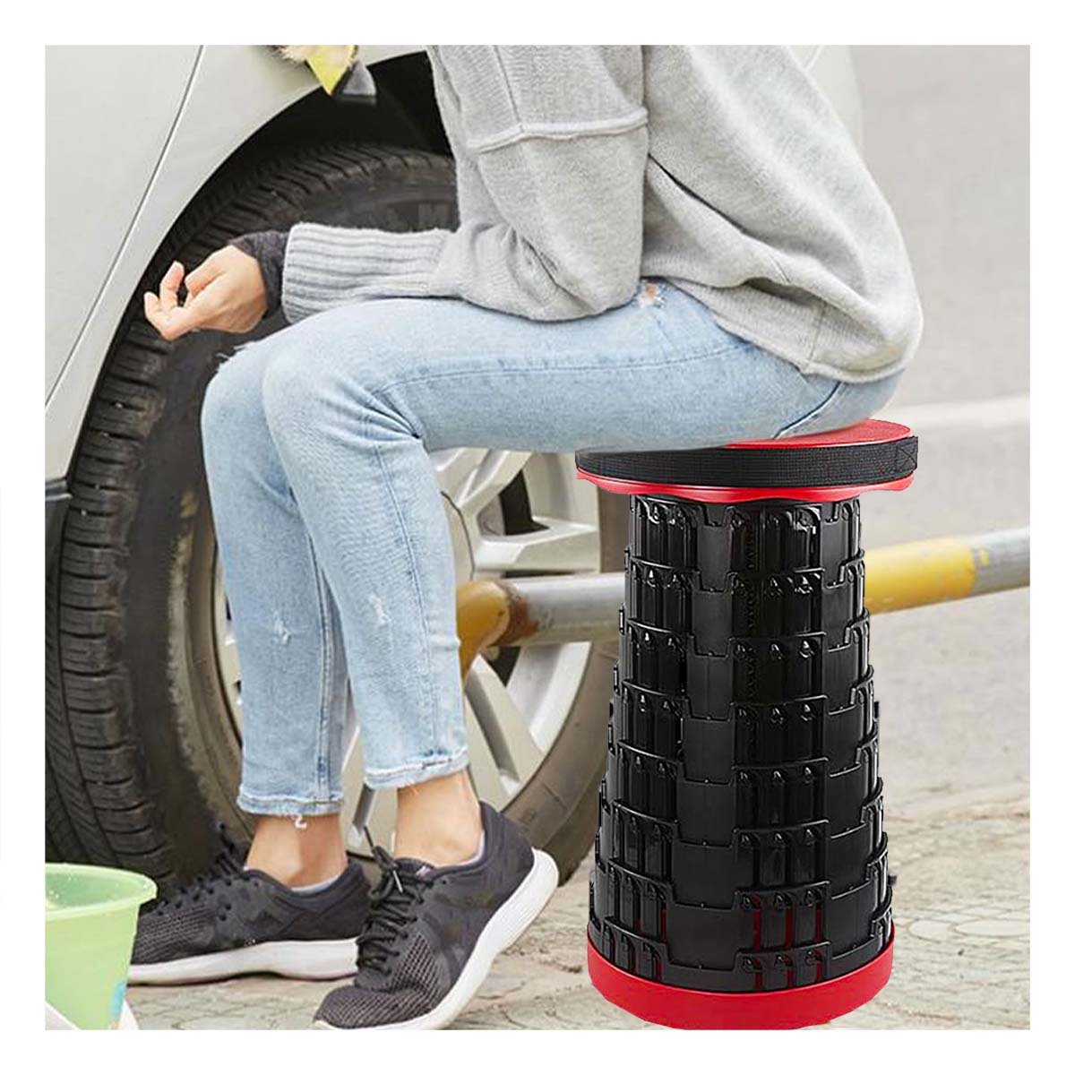 ASIENTO PLEGABLES 3 SEGUROS PORTATILES TAPA ROJO CENTRO NEGRO PARA COMEDOR Y+PAPEL REGALO - 2