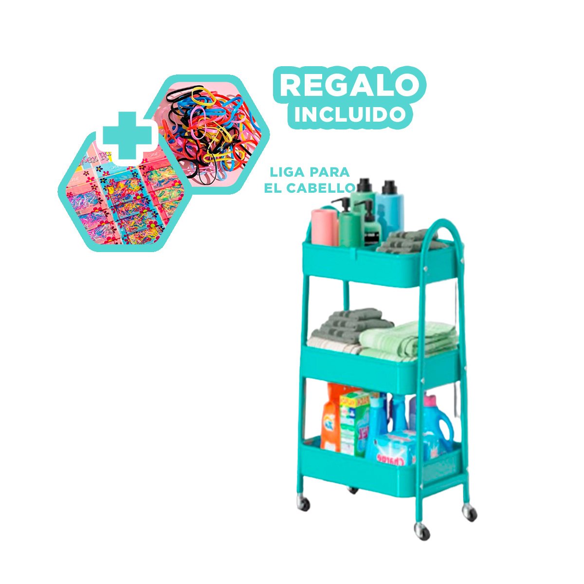 MUEBLE CARRITO 3 NIVELES CON RUEDAS Y ASAS METAL CELESTE FUNCIONAL Y+LIGAS REGALO - 2