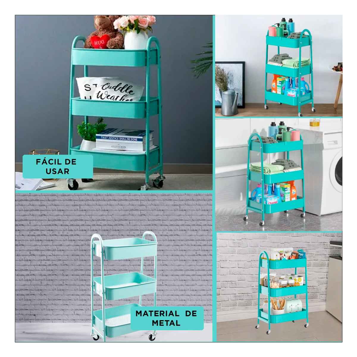 PACK4 CARRITO AUXILIAR 3 NIVELES CON RUEDAS Y ASAS METAL CELESTE COMPACTO Y+REGALO STICKER - 2
