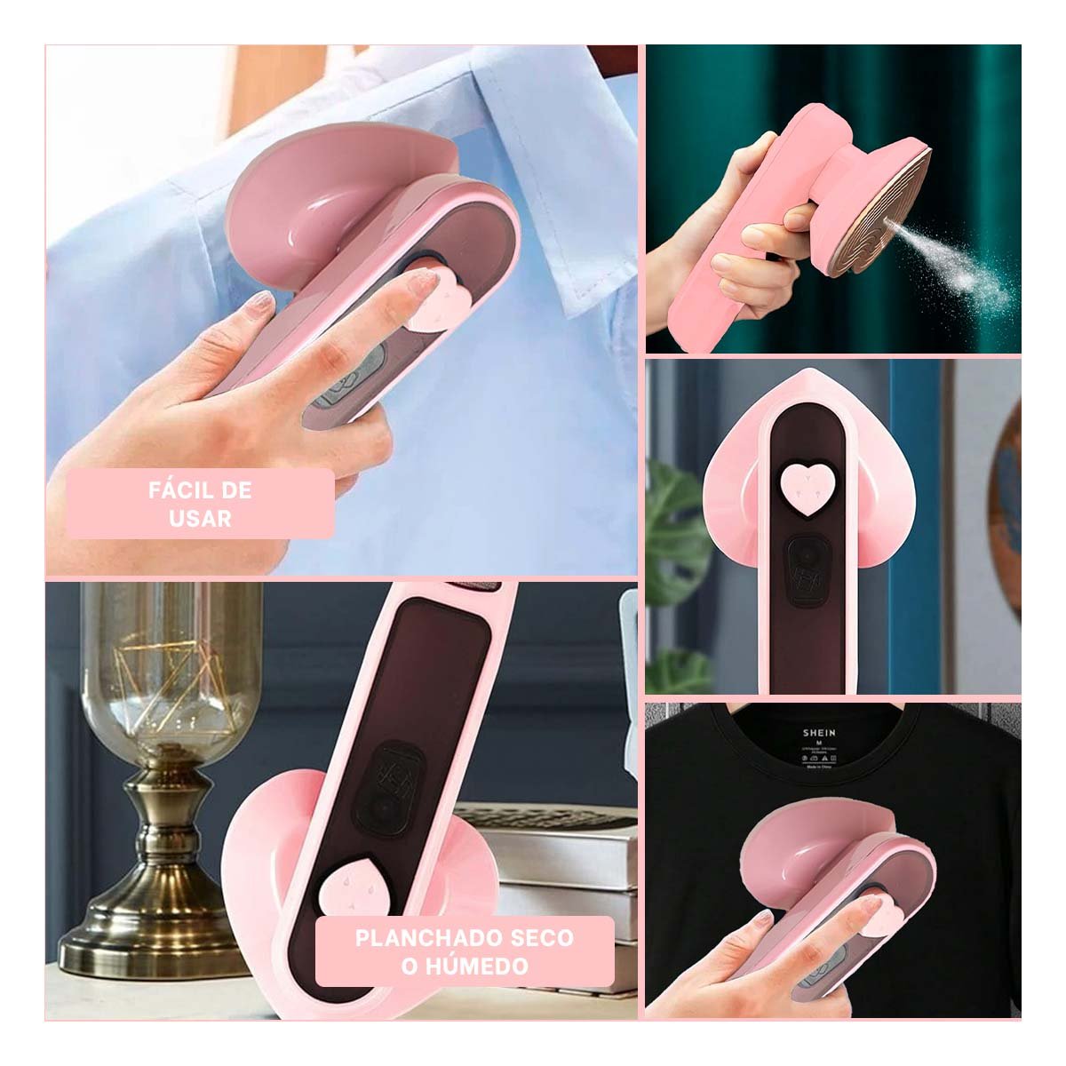 MINI PLANCHA A VAPOR CORAZON PORTATIL PARA ROPA DELICADA EN COLOR ROSADO - 2