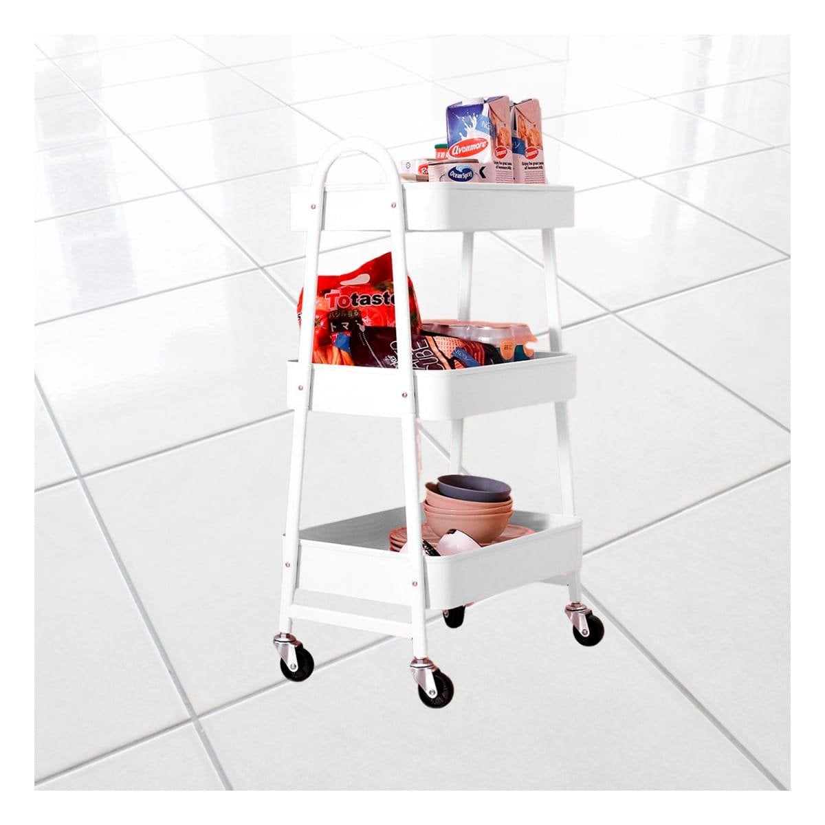 REPISA CARRITO 3 NIVELES CON RUEDAS Y ASAS METAL BLANCO Y+PAPEL REGALO - 2