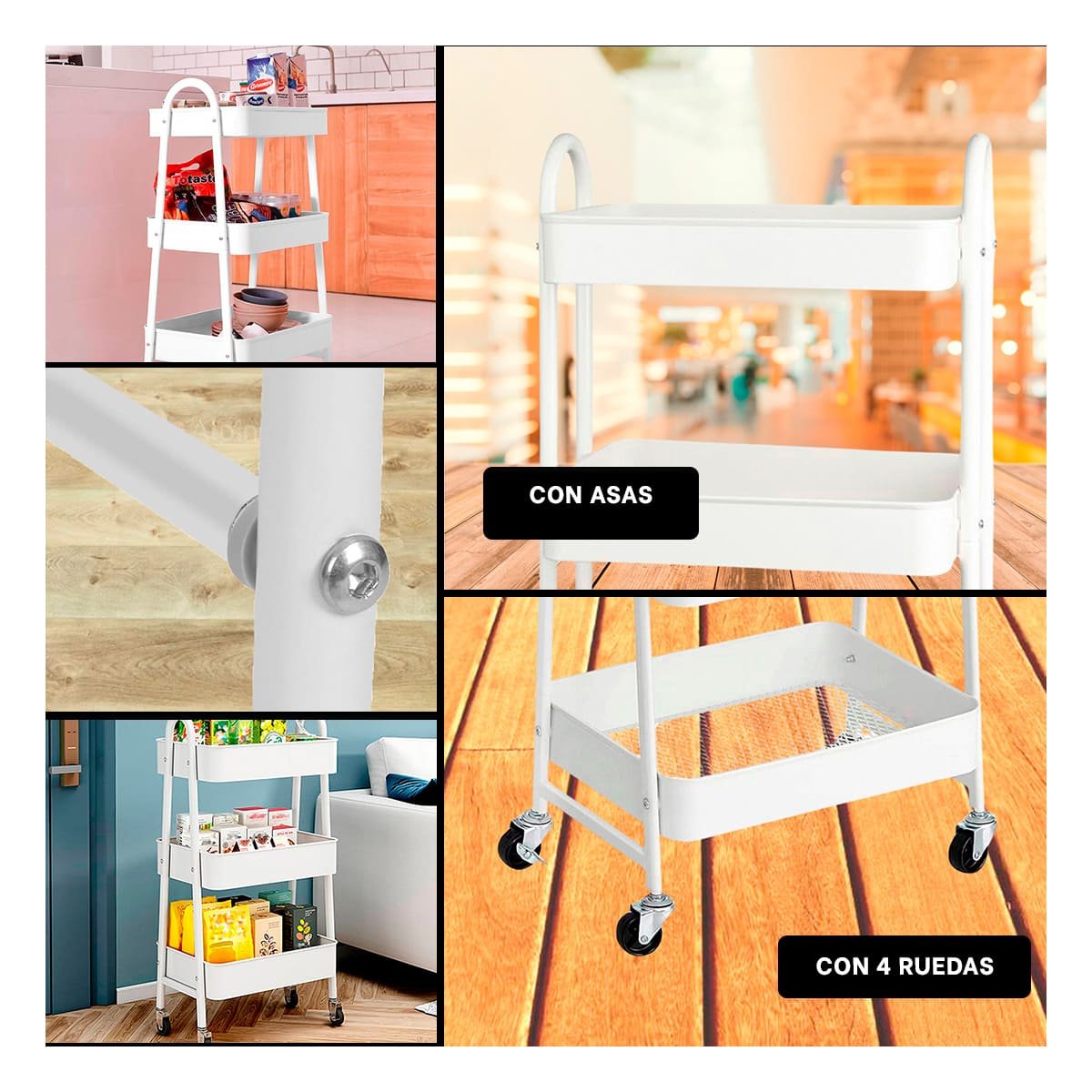 REPISA CARRITO 3 NIVELES CON RUEDAS Y ASAS METAL BLANCO Y+PAPEL REGALO - 3