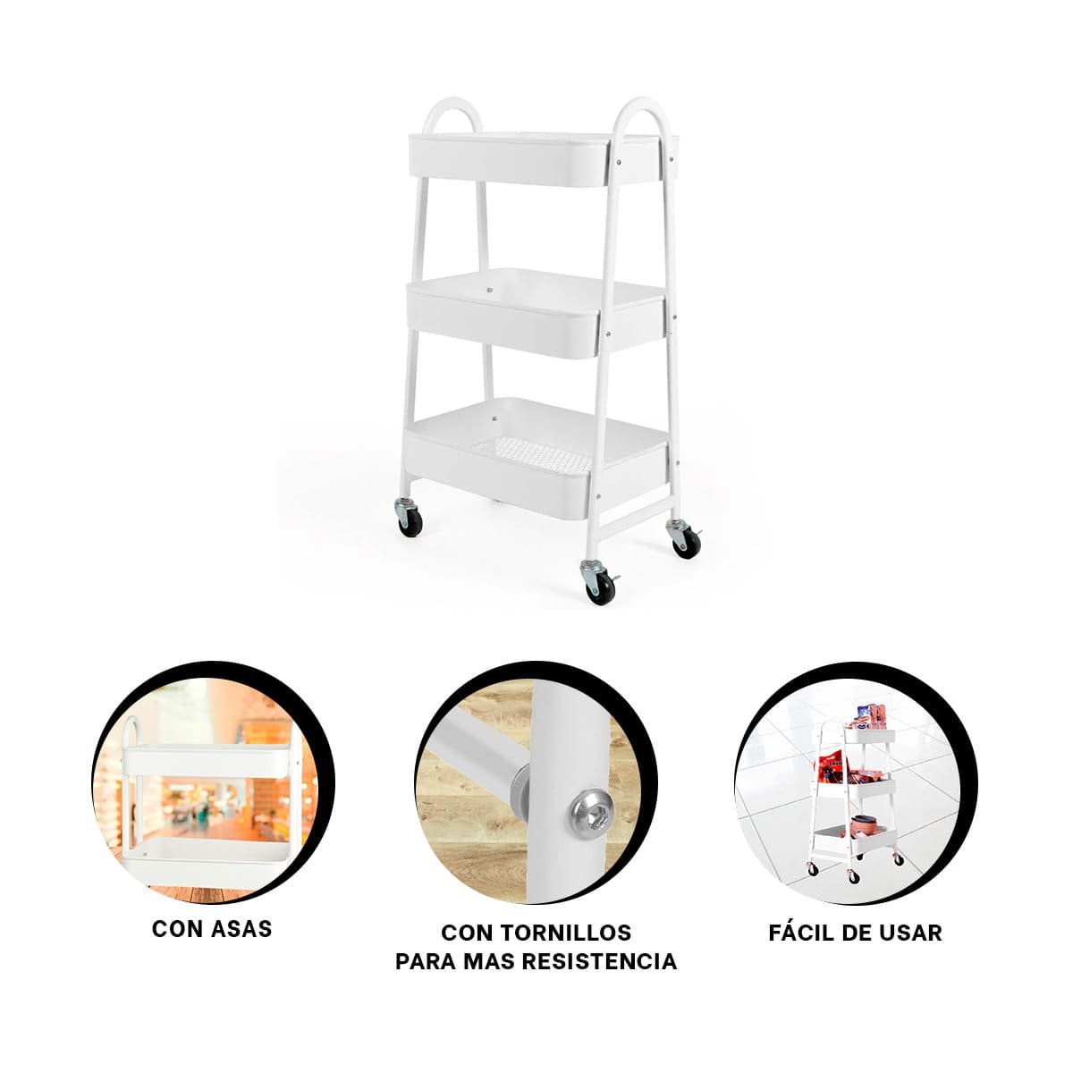 REPISA CARRITO 3 NIVELES CON RUEDAS Y ASAS METAL BLANCO Y+PAPEL REGALO - 4