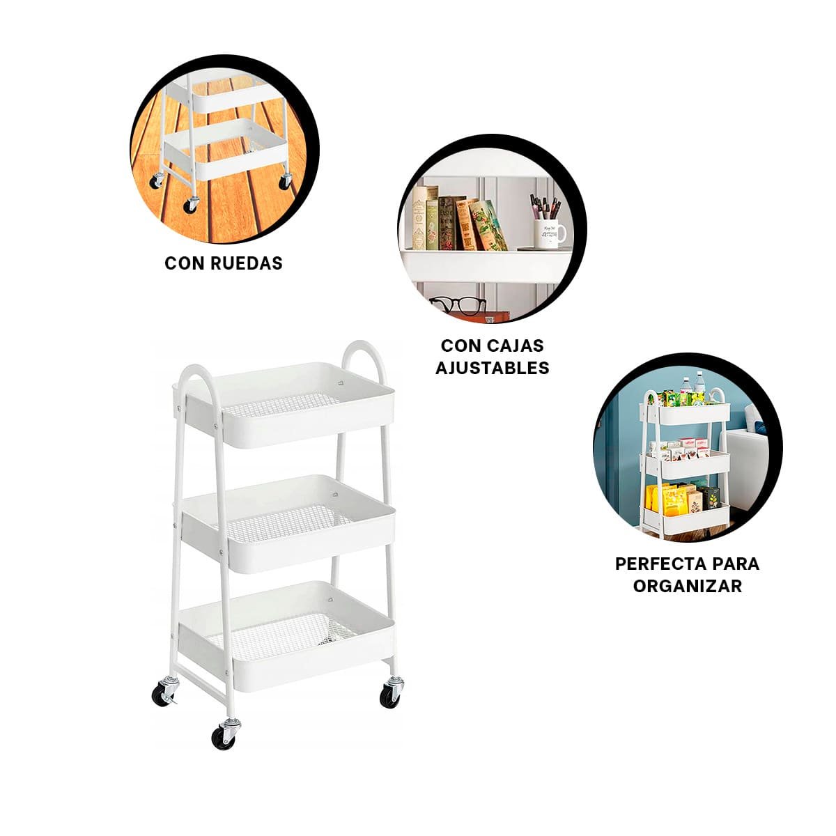 REPISA CARRITO 3 NIVELES CON RUEDAS Y ASAS METAL BLANCO Y+PAPEL REGALO - 5
