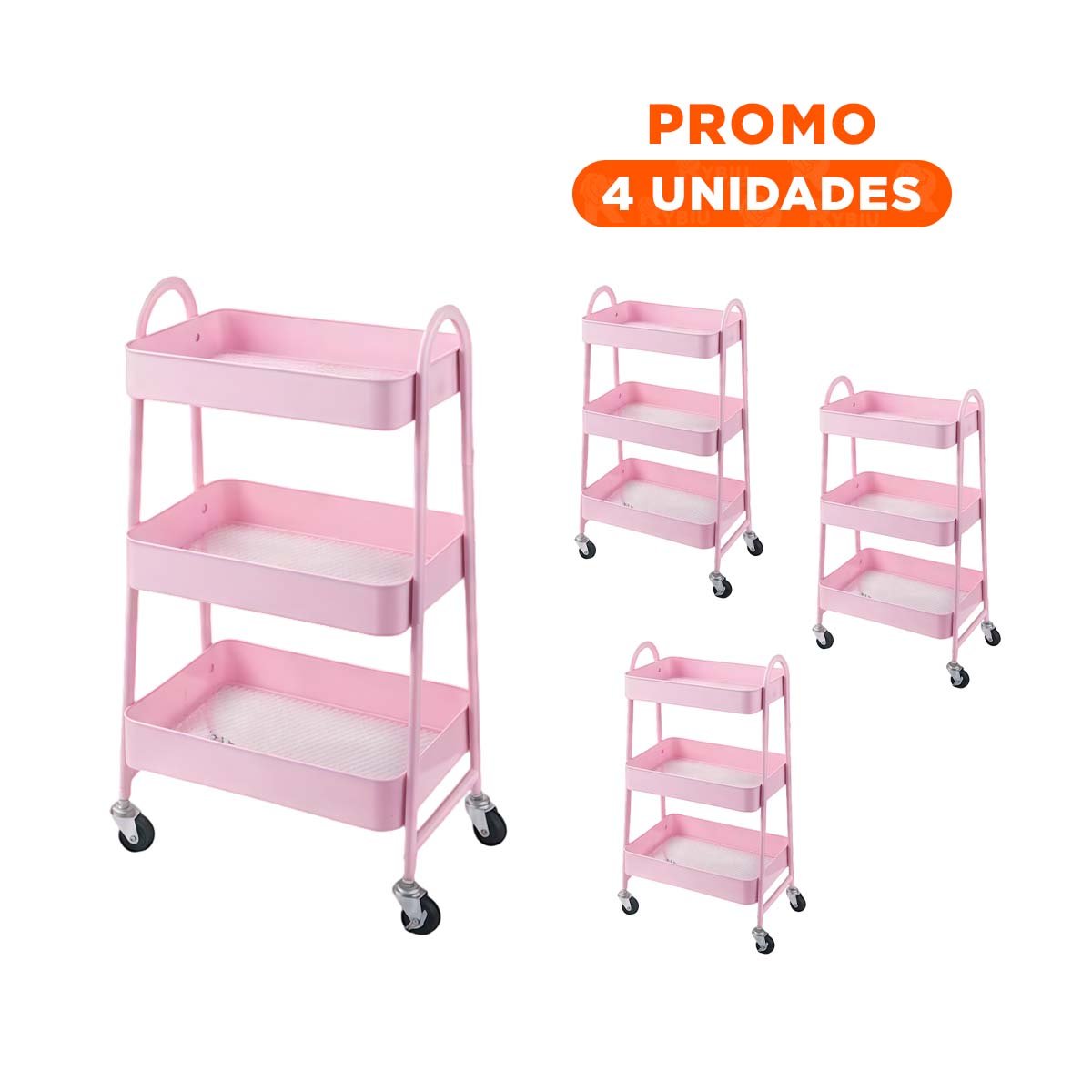 PACK4 MUEBLE FUNCIONAL 3 NIVELES CON RUEDAS Y ASAS METAL ROSADO PARA OFICINA - 1