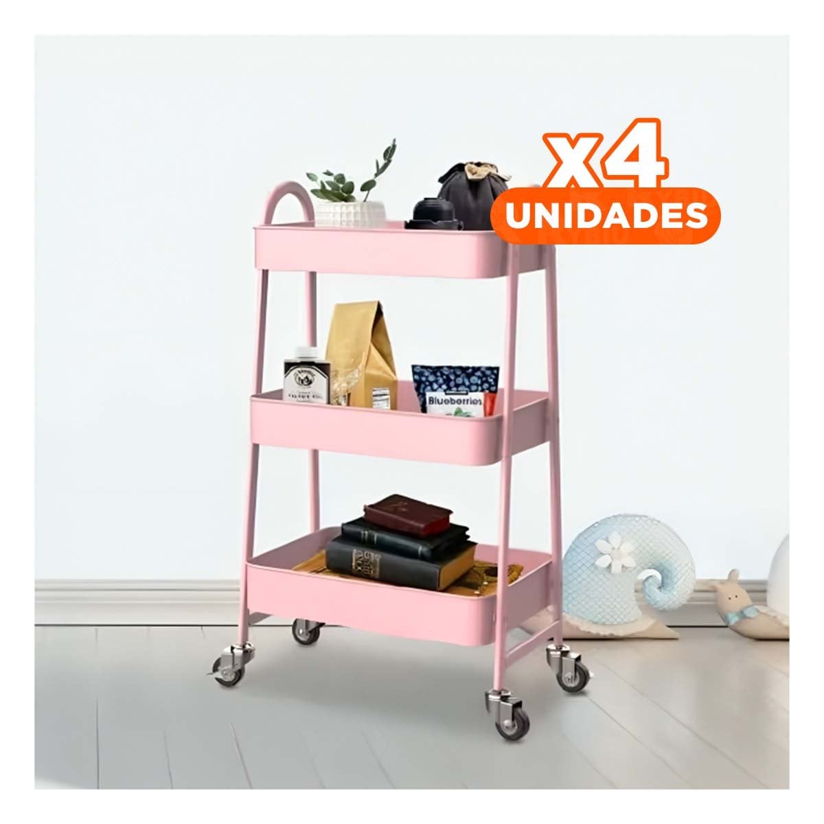 PACK4 ESTANTE COMPACTO 3 NIVELES CON RUEDAS Y ASAS METAL ROSADO MODERNO Y+REGALO STICKER - 1