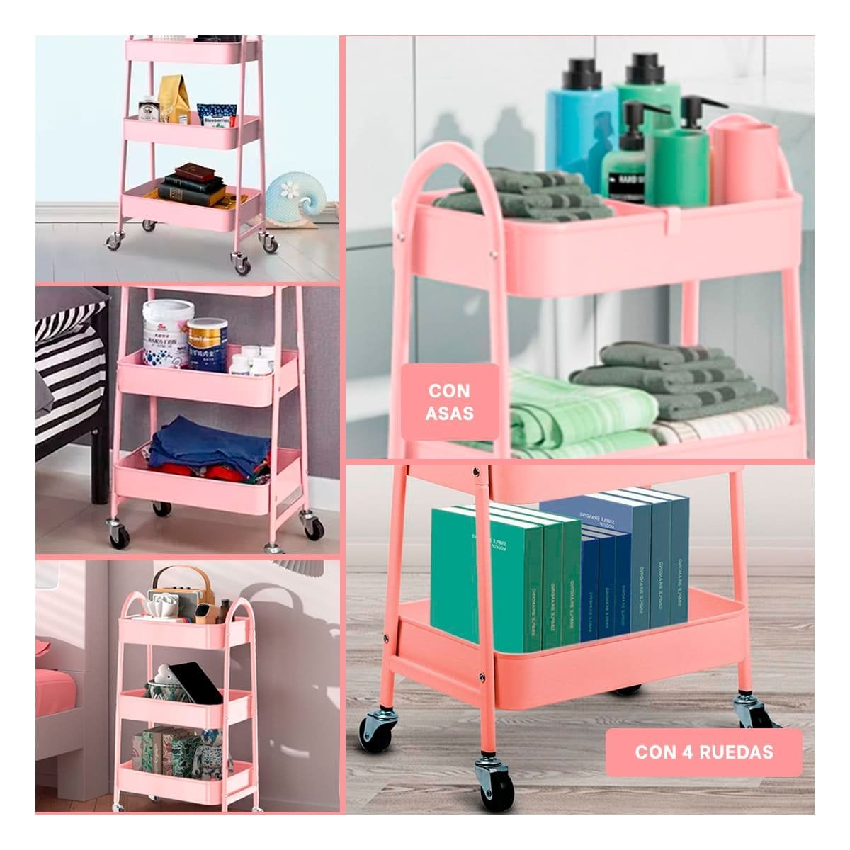 PACK4 ESTANTE COMPACTO 3 NIVELES CON RUEDAS Y ASAS METAL ROSADO MODERNO Y+REGALO STICKER - 2