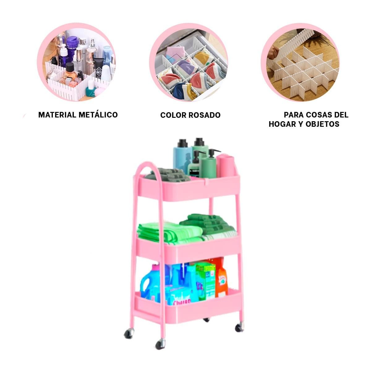 PACK4 ESTANTE COMPACTO 3 NIVELES CON RUEDAS Y ASAS METAL ROSADO MODERNO Y+REGALO STICKER - 4