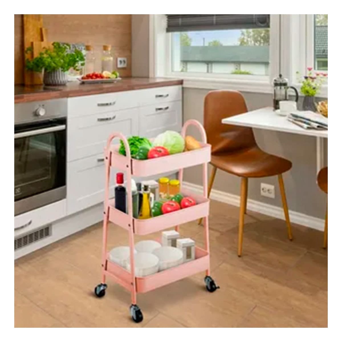 PACK4 ESTANTE COMPACTO 3 NIVELES CON RUEDAS Y ASAS METAL ROSADO MODERNO Y+REGALO STICKER - 5