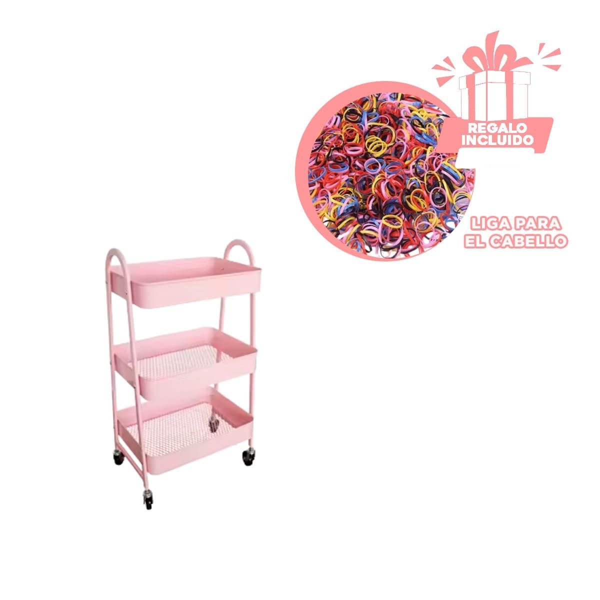 MUEBLE CARRITO 3 NIVELES CON RUEDAS Y ASAS METAL ROSADO PRACTICO Y VERSATIL Y+LIGAS REGALO - 2