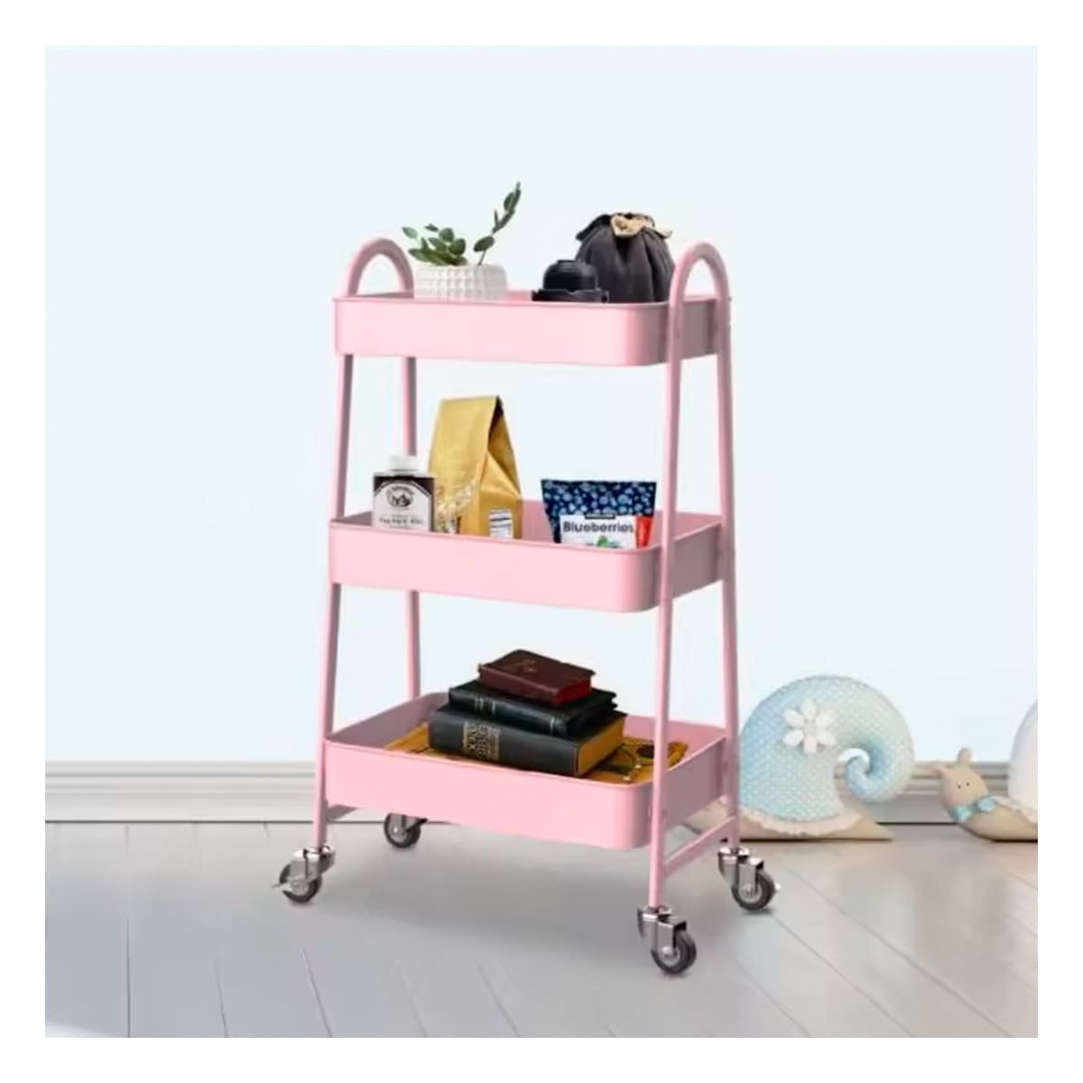 MUEBLE CARRITO 3 NIVELES CON RUEDAS Y ASAS METAL ROSADO PRACTICO Y VERSATIL Y+LIGAS REGALO - 3