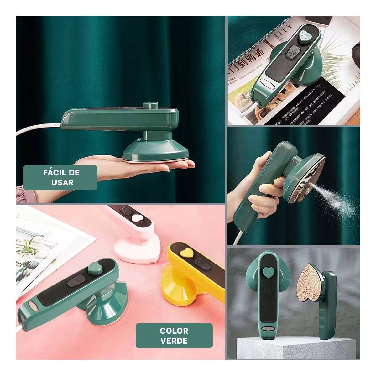 MINI PLANCHA A VAPOR CORAZON VERDE PARA ROPA Y HOGAR CON FACIL USO - 2