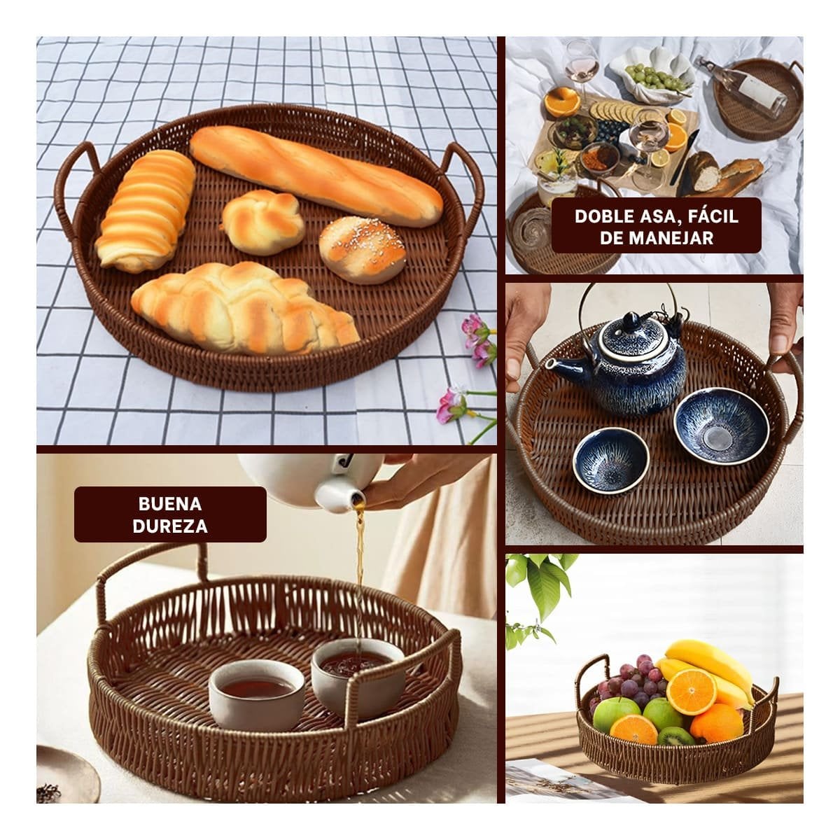 PACK6 BANDEJA TEJIDA CIRCULAR CON ASAS PARA GUARDAR OBJETOS EN HOGAR MARRON Y+PAPEL REGALO - 3