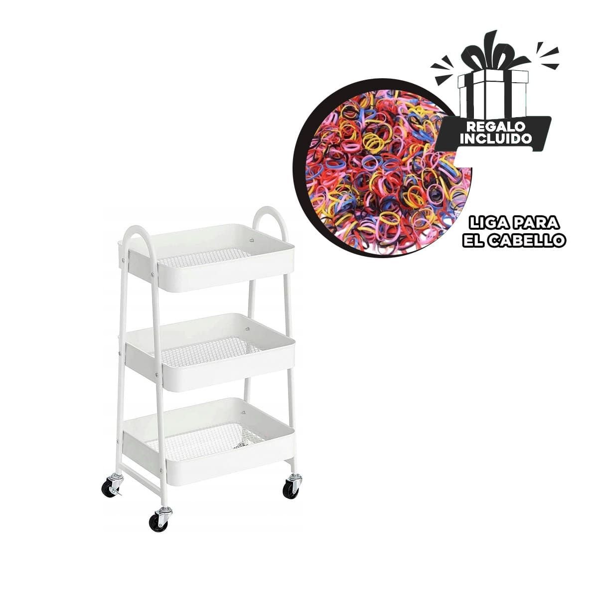 ORGANIZADOR CARRITO 3 NIVELES CON RUEDAS Y ASAS METAL BLANCO Y+LIGAS REGALO - 2