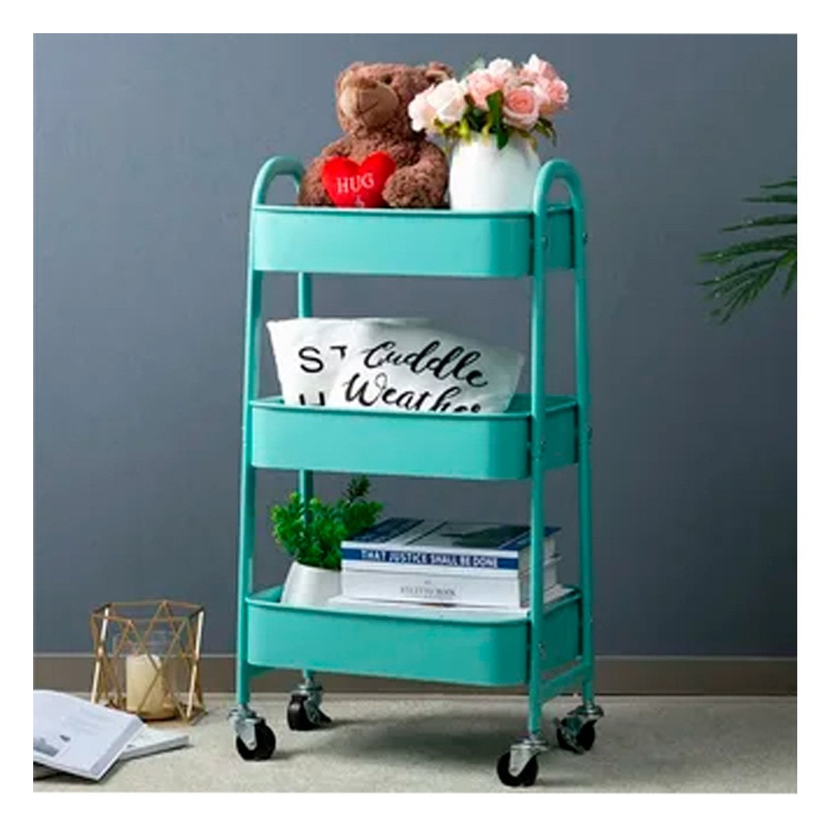 REPISA CARRITO 3 NIVELES CON RUEDAS Y ASAS METAL CELESTE DECORATIVA Y+REGALO STICKER - 2