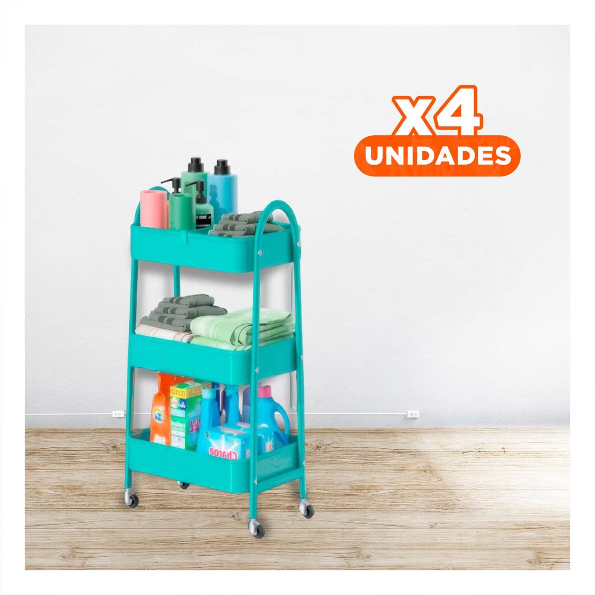 PACK4 RACK DE METAL 3 NIVELES CON RUEDAS Y ASAS CELESTE RESISTENTE Y+PAPEL REGALO - 1