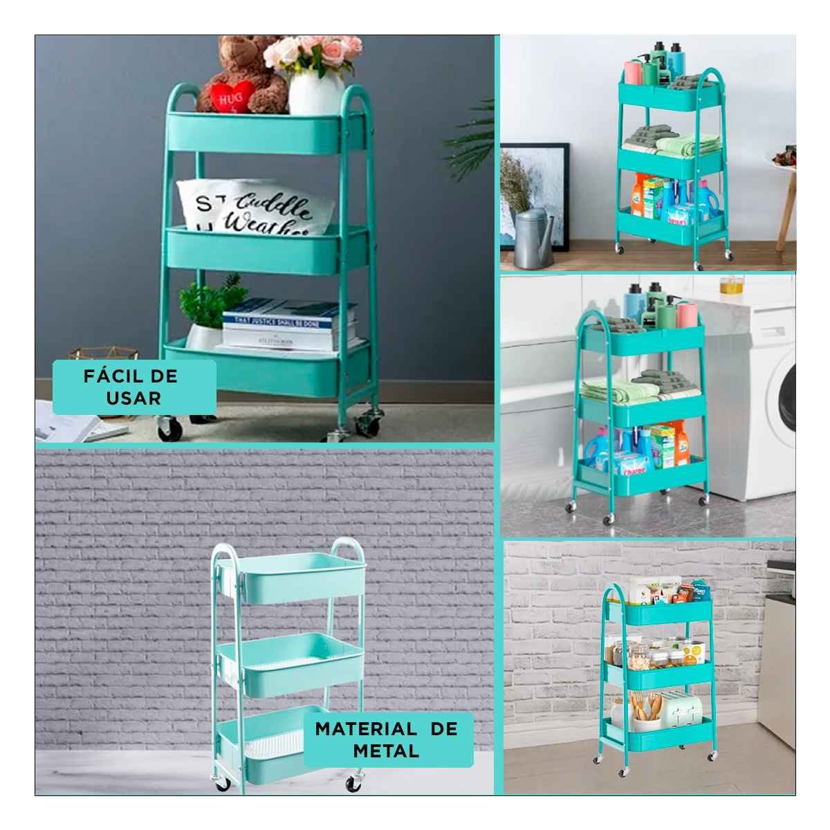 RACK CARRITO 3 NIVELES CON RUEDAS Y ASAS METAL CELESTE RESISTENTE Y+POST IT - 2