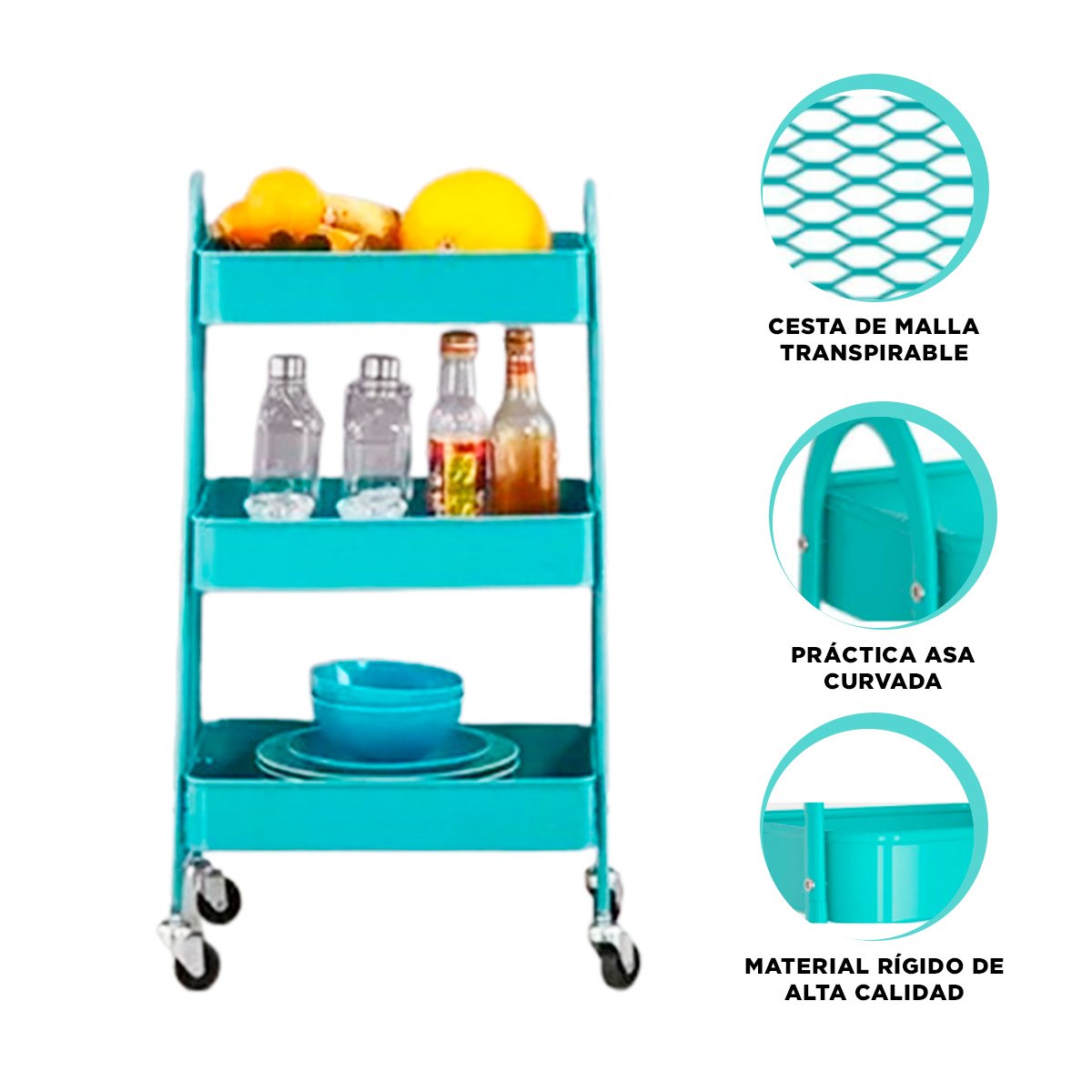 RACK CARRITO 3 NIVELES CON RUEDAS Y ASAS METAL CELESTE RESISTENTE Y+POST IT - 5