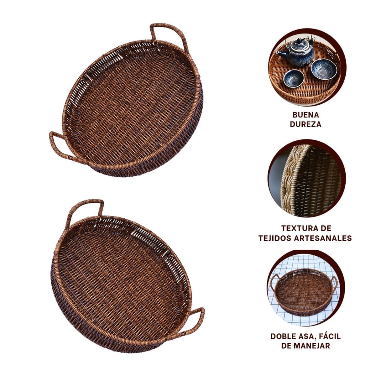 CANASTA TEJIDA CIRCULAR CON ASAS PARA ALMACENAR OBJETOS EN CASA MARRON Y+PAPEL REGALO - 5