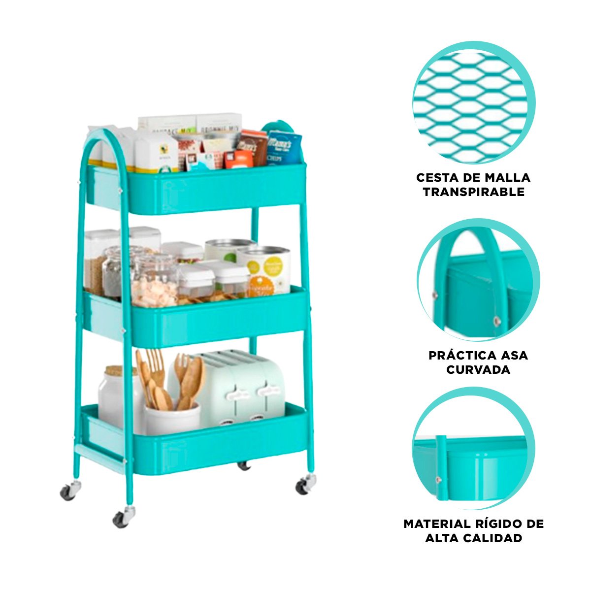 ORGANIZADOR CARRITO 3 NIVELES CON RUEDAS Y ASAS METAL CELESTE MODERNO Y+PAPEL REGALO - 5