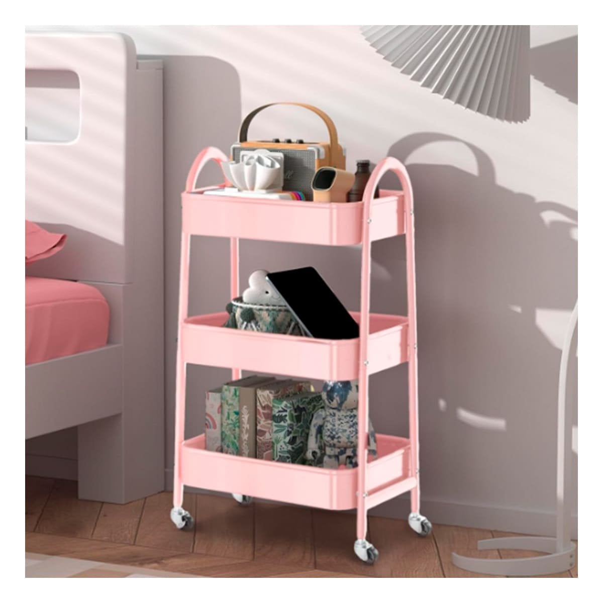 PACK2 ESTANTE METALICO 3 NIVELES CON RUEDAS Y ASAS ROSADO PARA DECORAR TU HOGAR - 3